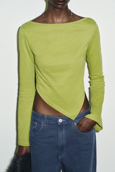 ASYMMETRIC BOAT NECK T-SHIRT - GREEN by Zara