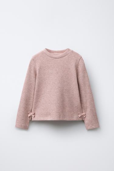 Zara RIBBED SHIMMER BOW T-SHIRT - Pink marl