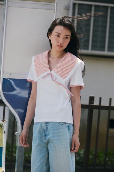 ギンガムチェック柄コンビTシャツホワイト/レッド0Zaraのギンガムチェック柄コンビTシャツ - ホワイト/レッド - 画像 0