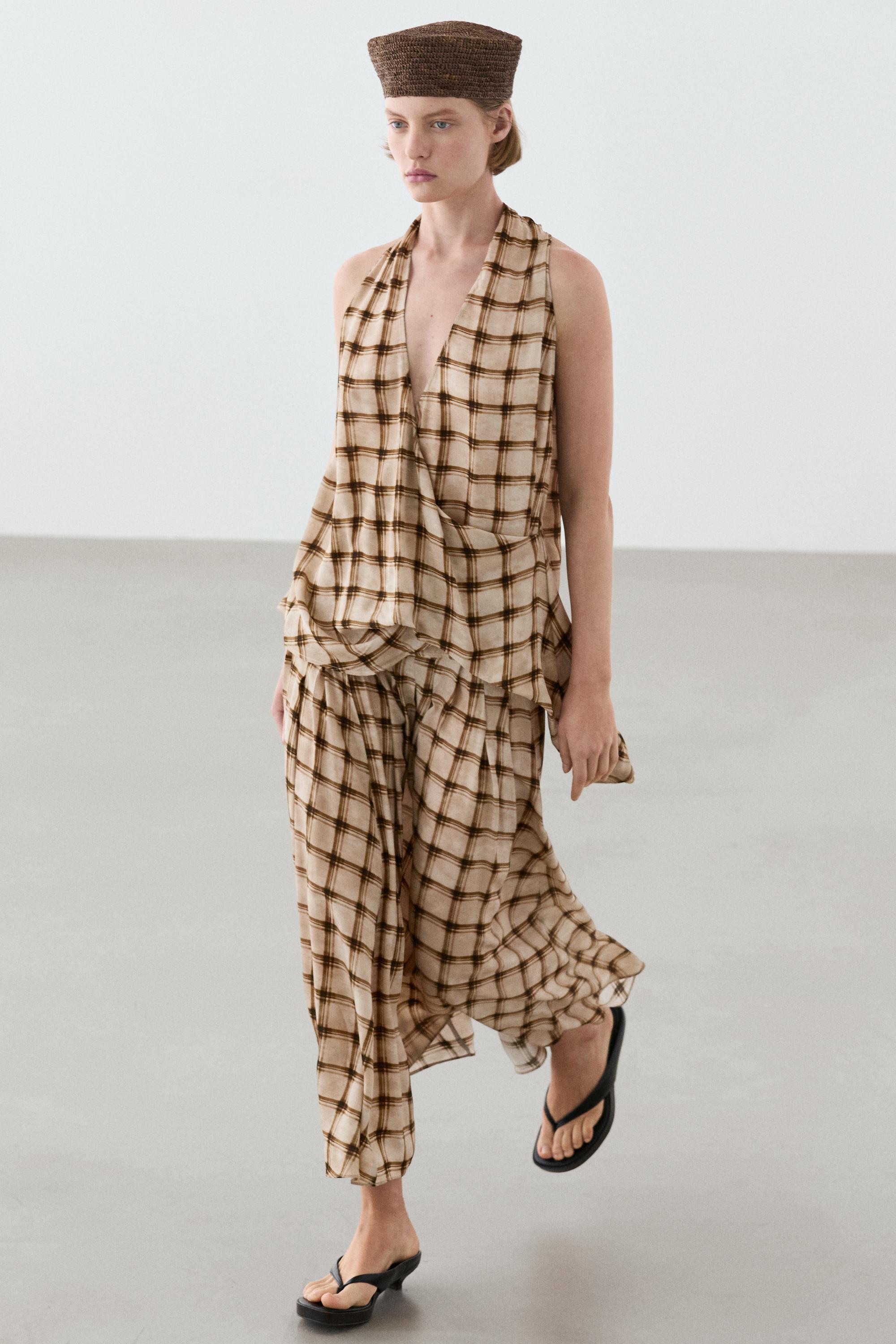 Flowing check print surplice top — 763