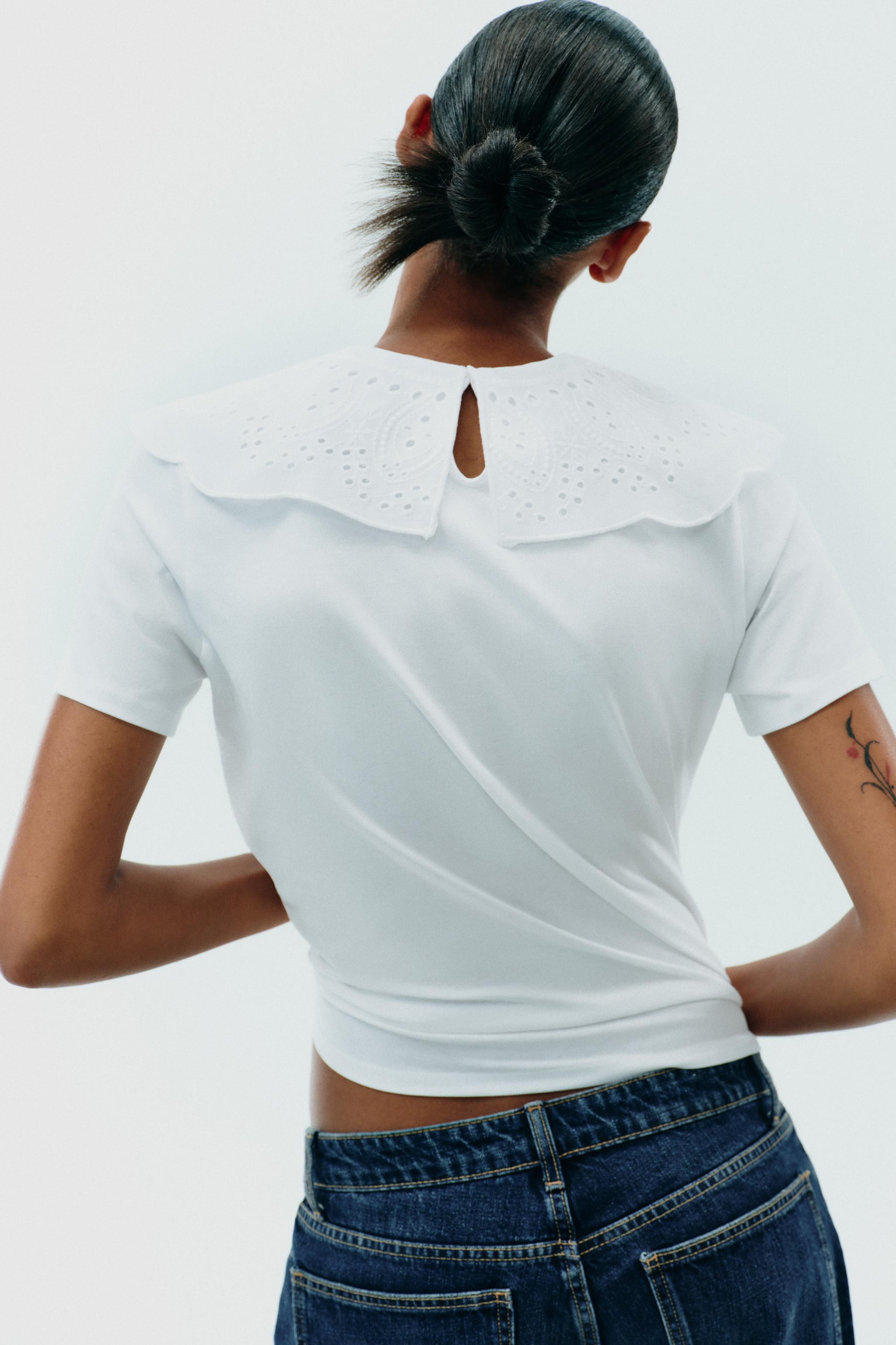 EMBROIDERED PETER PAN COLLAR T-SHIRT - White | ZARA United