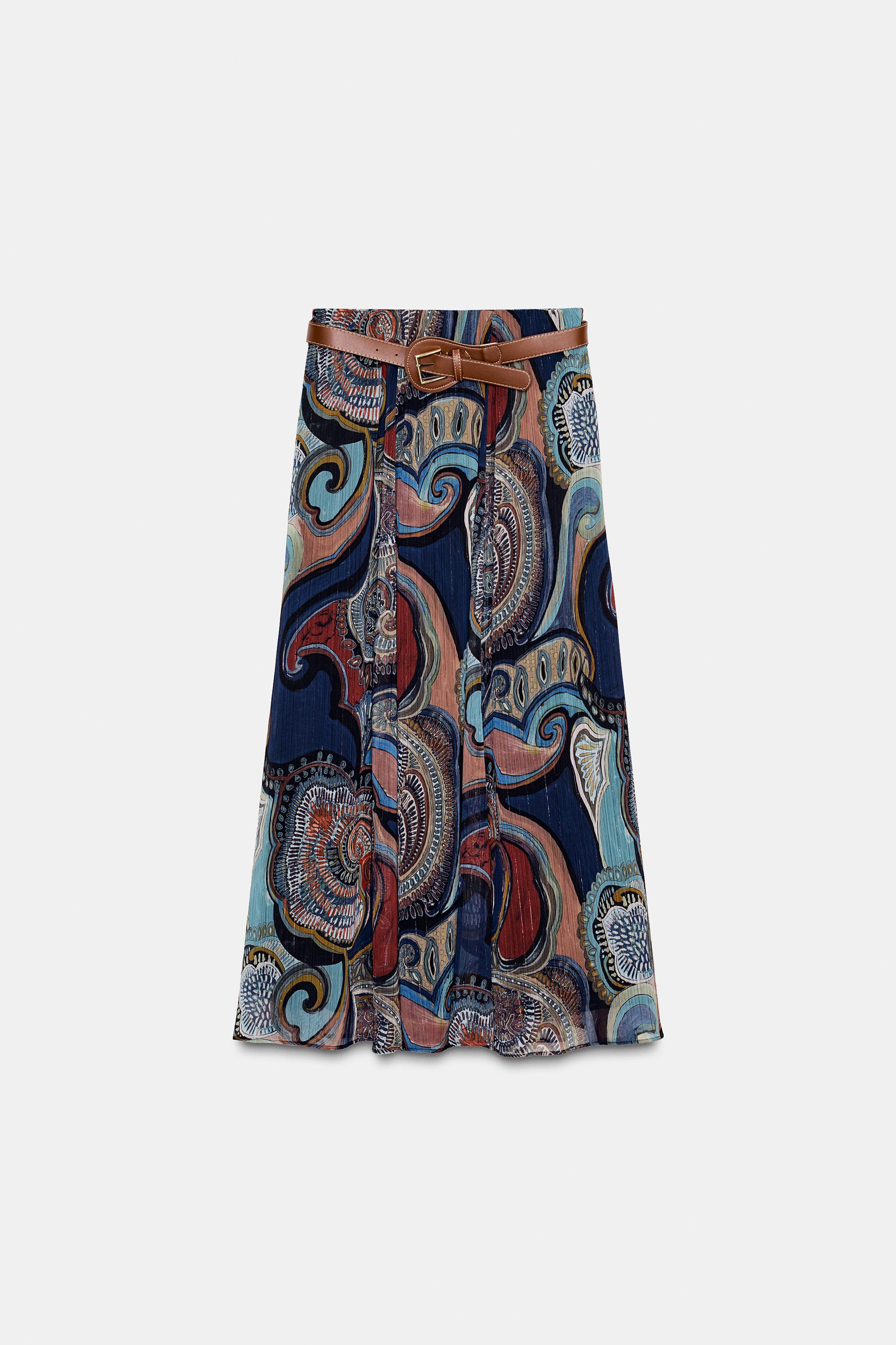 METALLIC THREAD PRINTED MIDI SKIRT WITH BELT
