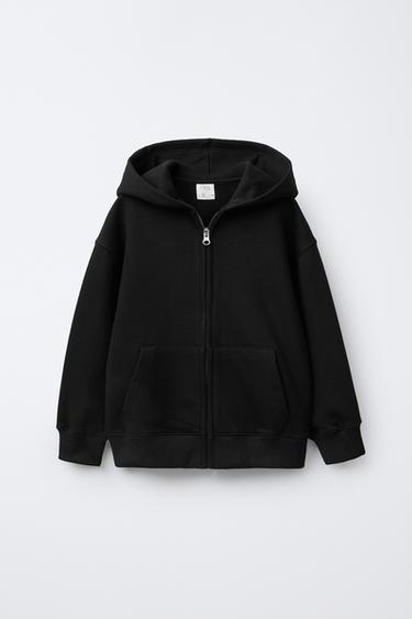 Zara PLAIN HOODED ZIP-UP SWEATSHIRT - Black - Image 0