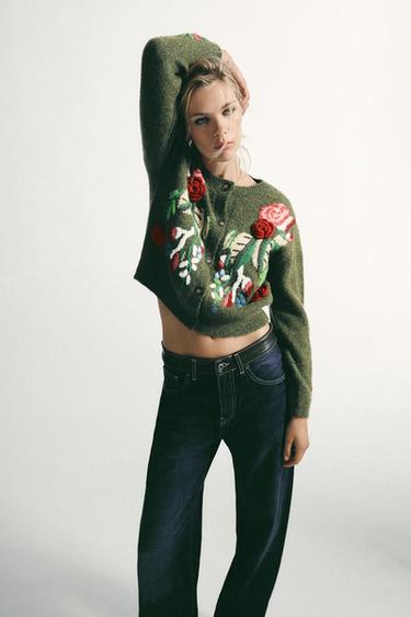 Zara FLORAL KNIT CARDIGAN - Greenish