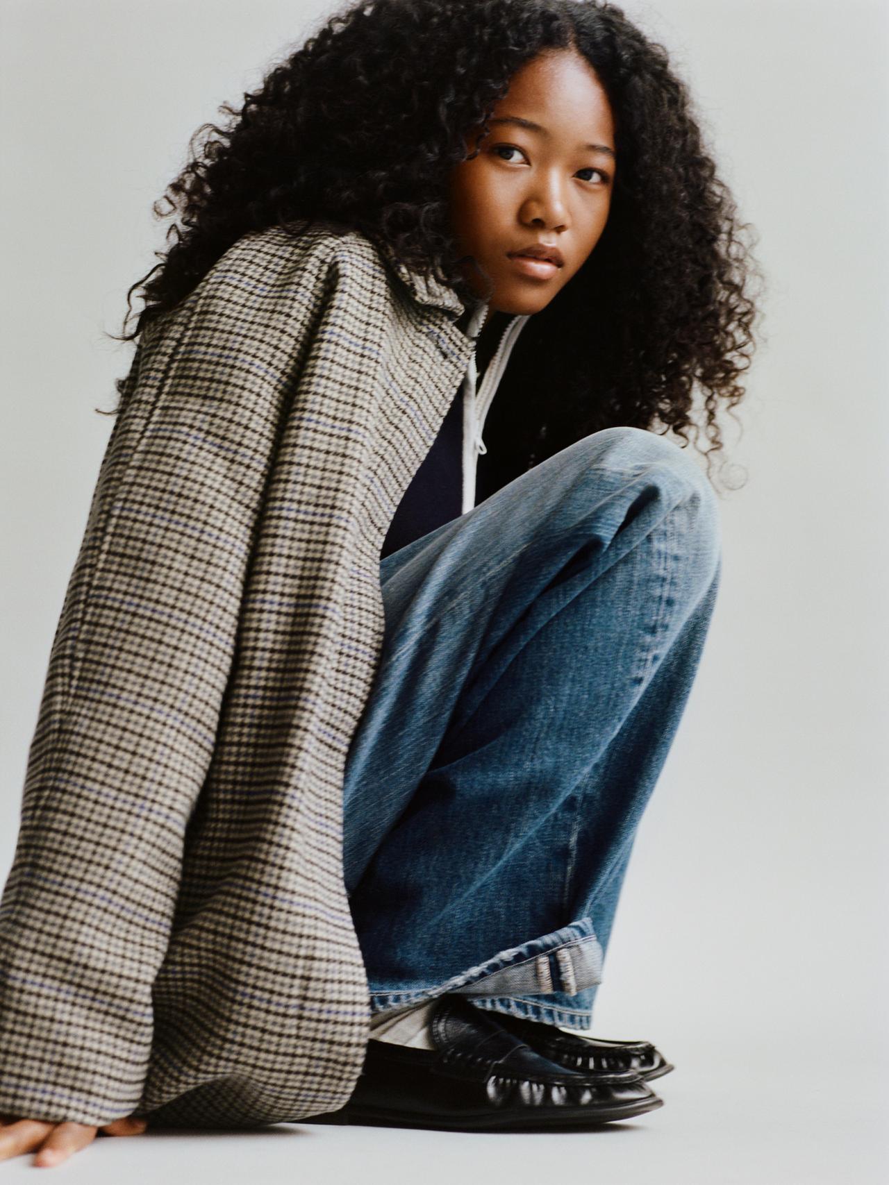 LONG WOOL-BLEND PLAID COAT — Ecru / Blue