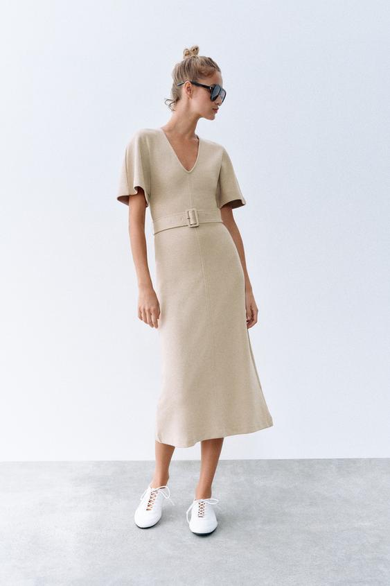 SOFT MIDI DRESS WITH BELT - Light camel by Zara - Image 0