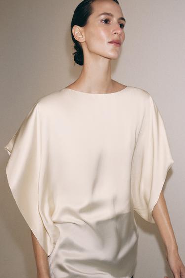 Zara ZW COLLECTION FLOWY SHORT SLEEVE TOP - Ecru