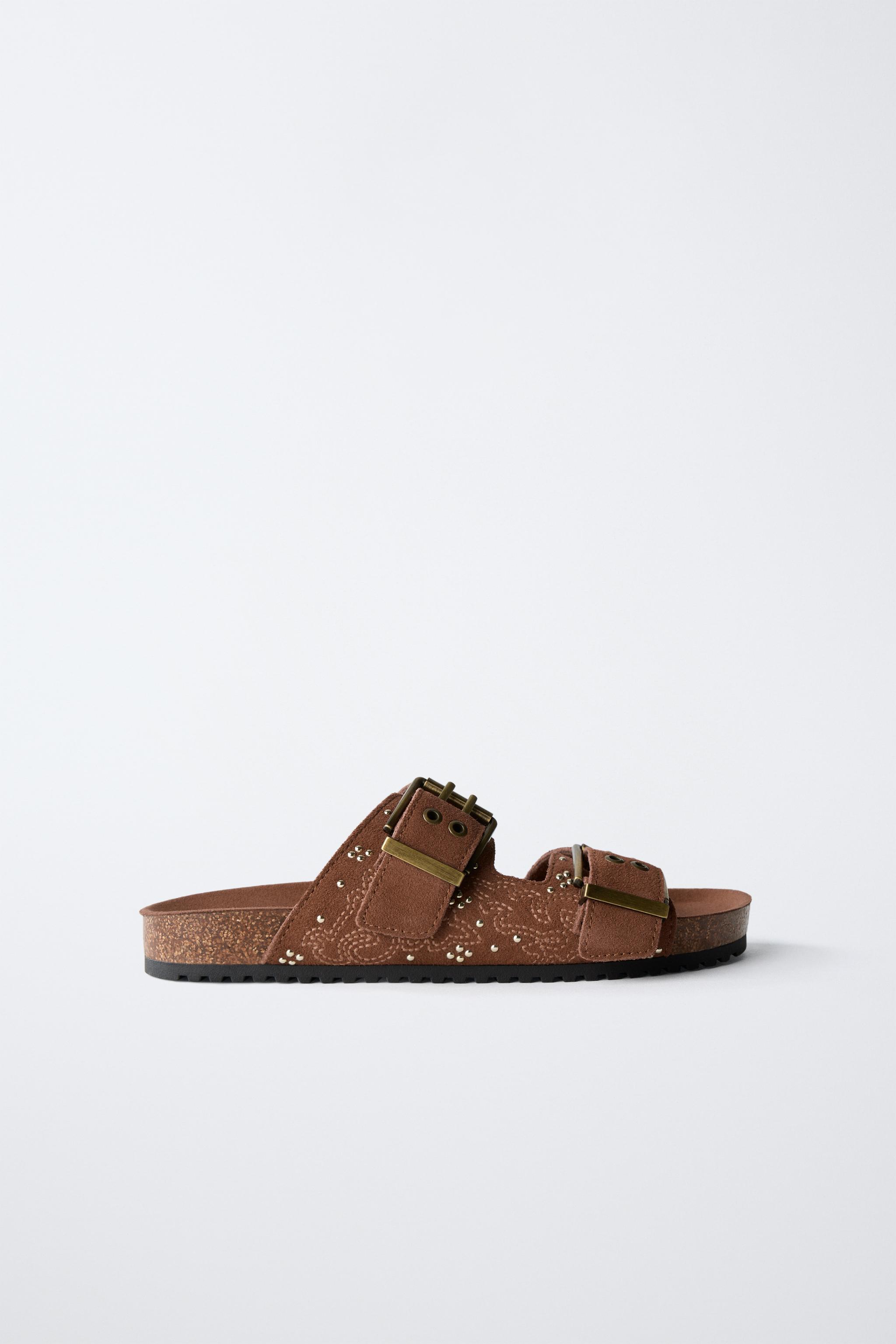 SPLIT LEATHER MICRO-STUD BUCKLE SANDALS