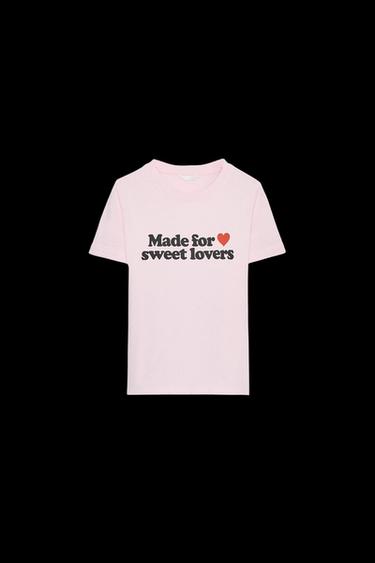 Zara COTTON T-SHIRT WITH TEXT AND RIPS - Pink - Image 0