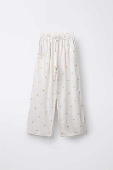 Zara EMBROIDERED FLORAL WIDE LEG LINEN PANTS - Sand