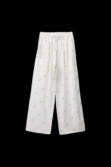 WEITE HOSE MIT GESTICKTEN BLUMEN UND LEINEN - Sandfarben von Zara - Bild 0
