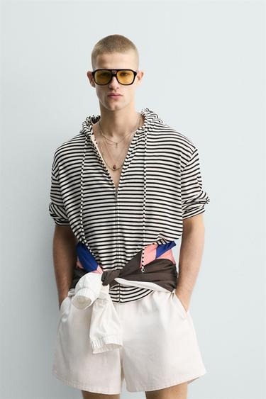 SWEAT JACQUARD RAYURES ZIP HOODIE - Blanc / Noir de Zara - Image 1