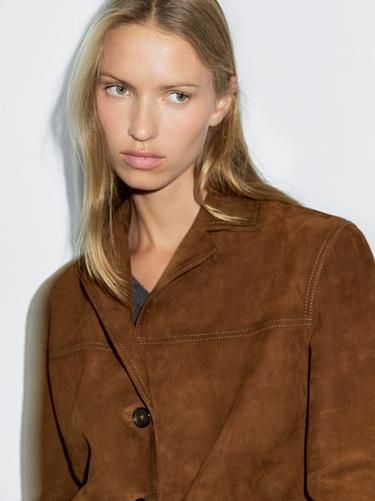 Americana piel ante pespunte - Coñac de Zara