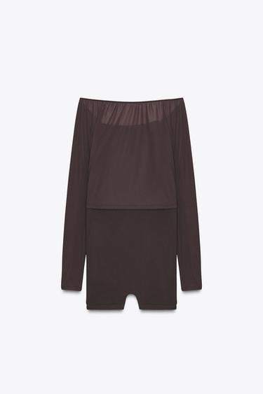 COMBINED TULLE SHORT PLAYSUIT - Chocolate by Zara - Image 6