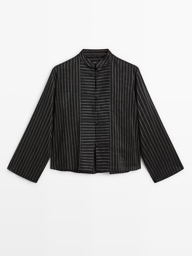 Zara Striped shirt with stand collar and bib detail - Black - Image 0