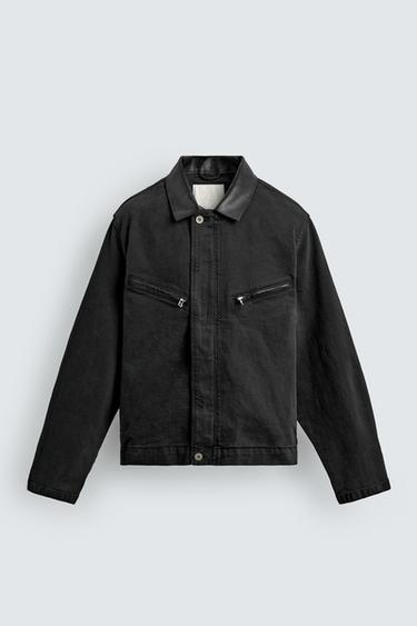 Zara CONTRAST COLLAR DENIM JACKET - Black
