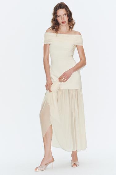 فستان ميدي ممزوج بكتف مكشوف - فانيليا الخاص بـ Zara