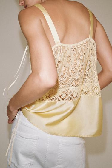 TOP SATINÉ DENTELLE ZW COLLECTION - Jaune clair de Zara - Image 3