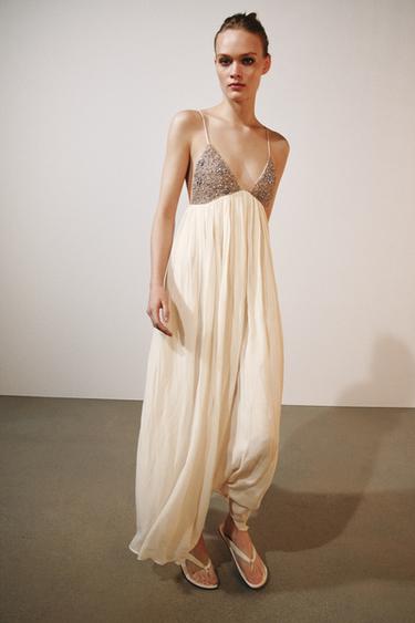 Zara ZW COLLECTION BEADED MIDI DRESS - Ecru