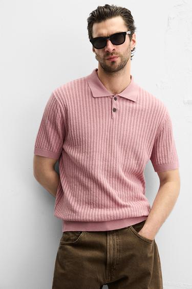 Zara RIB KNIT POLO SHIRT - Faded pink