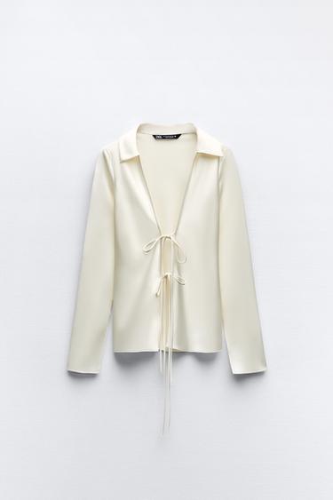 SATIN SHIRT WITH BOWS - Oyster-white