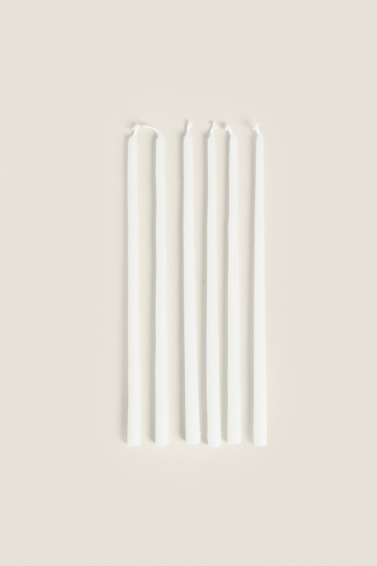 SET OF DECORATIVE CYLINDRICAL LONG TAPER CANDLES (SET OF 6) — Ecru