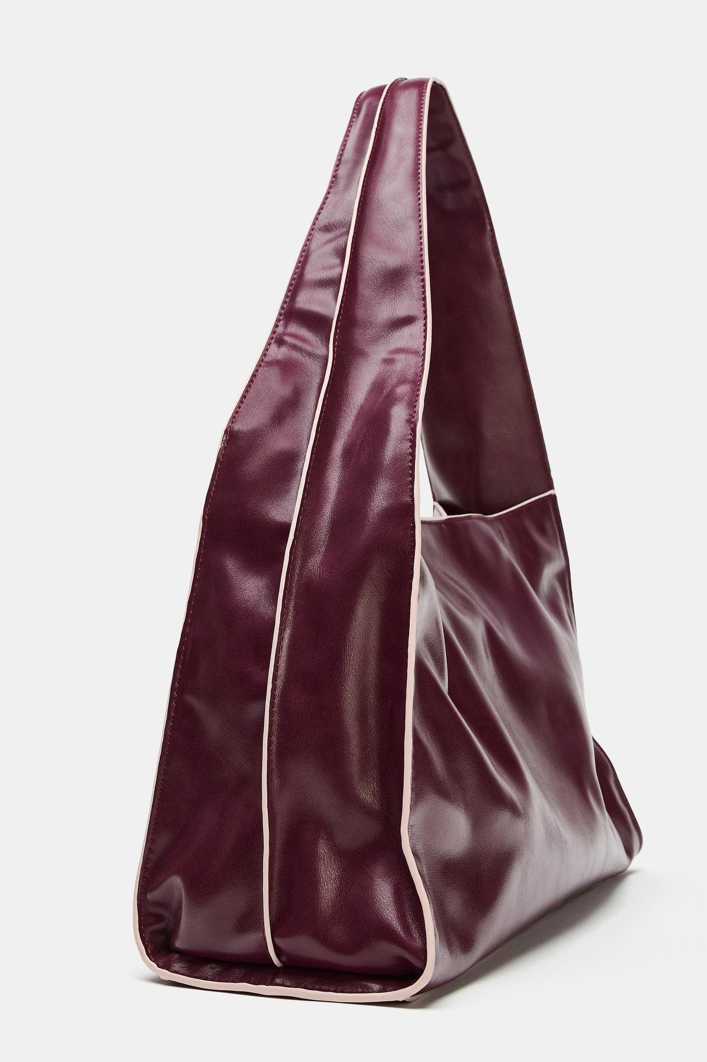 Женская сумка Zara Contrast Topstitched Shopper, цвет: Бордовый красный — фото 4