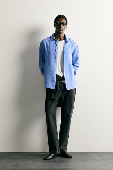 Zara 100% LINEN REGULAR FIT SHIRT - Faded blue