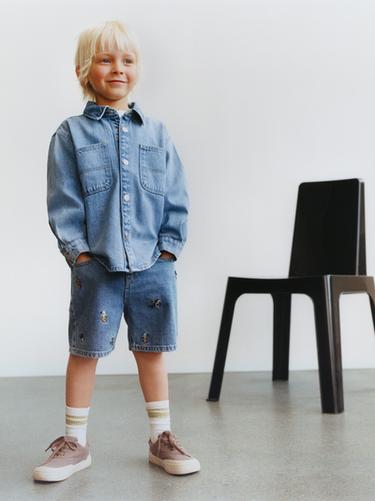 CAMISA AMPLA DENIM COM CAPUZ REMOVÍVEL - Azul-médio da Zara