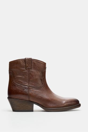 LEATHER DISTRESSED COWBOY ANKLE BOOTS - Dark tan by Zara