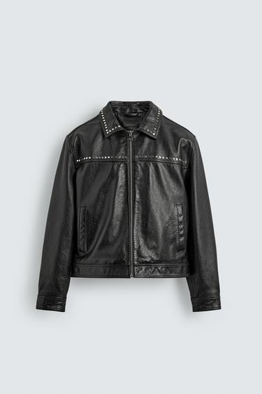 Zara STUDDED LEATHER JACKET - Black