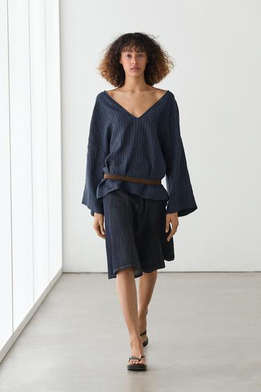 Denim godet midi skirt - Bleu de Zara