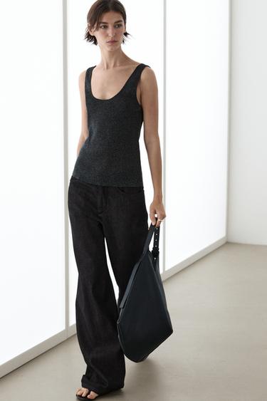 Zara Semi-sheer metallic-effect strappy top - Charcoal gray
