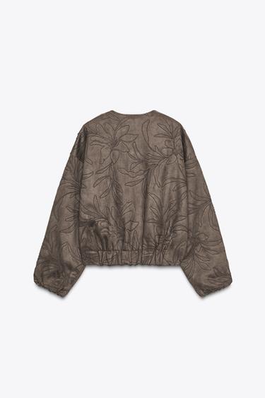 EMBROIDERED FAUX SUEDE BOMBER JACKET - Khaki by Zara - Image 9