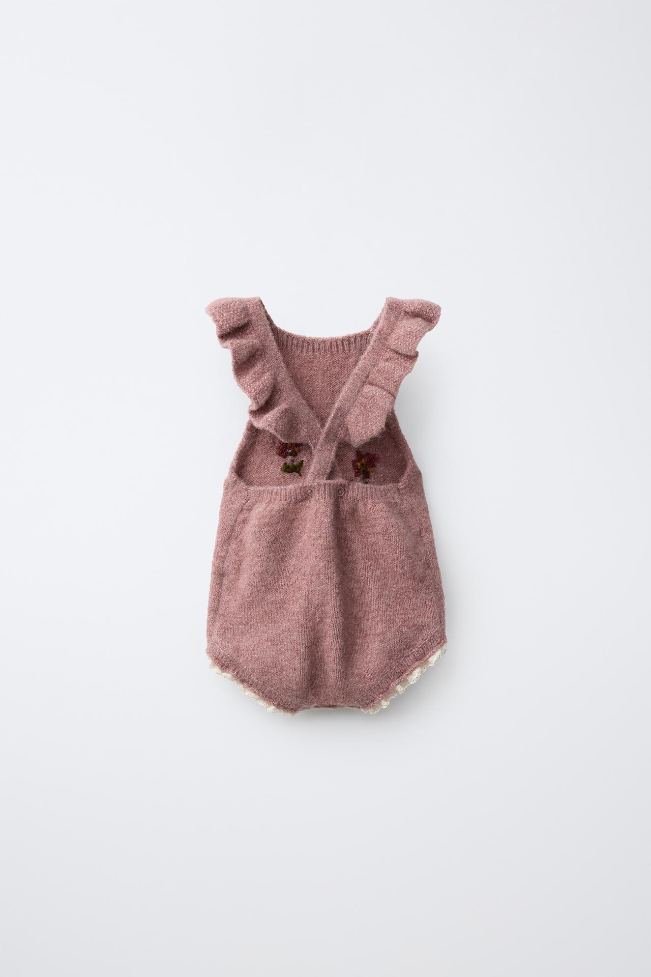 EMBROIDERED FLORAL KNIT ROMPER — Pink