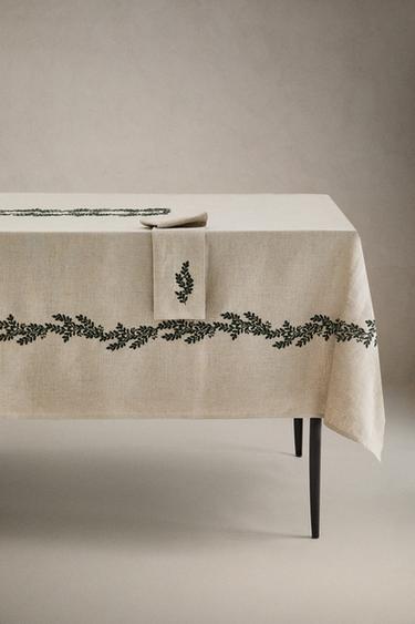 NAPPE LIN FEUILLES VERTES NOËL - Vert de Zara - Image 0