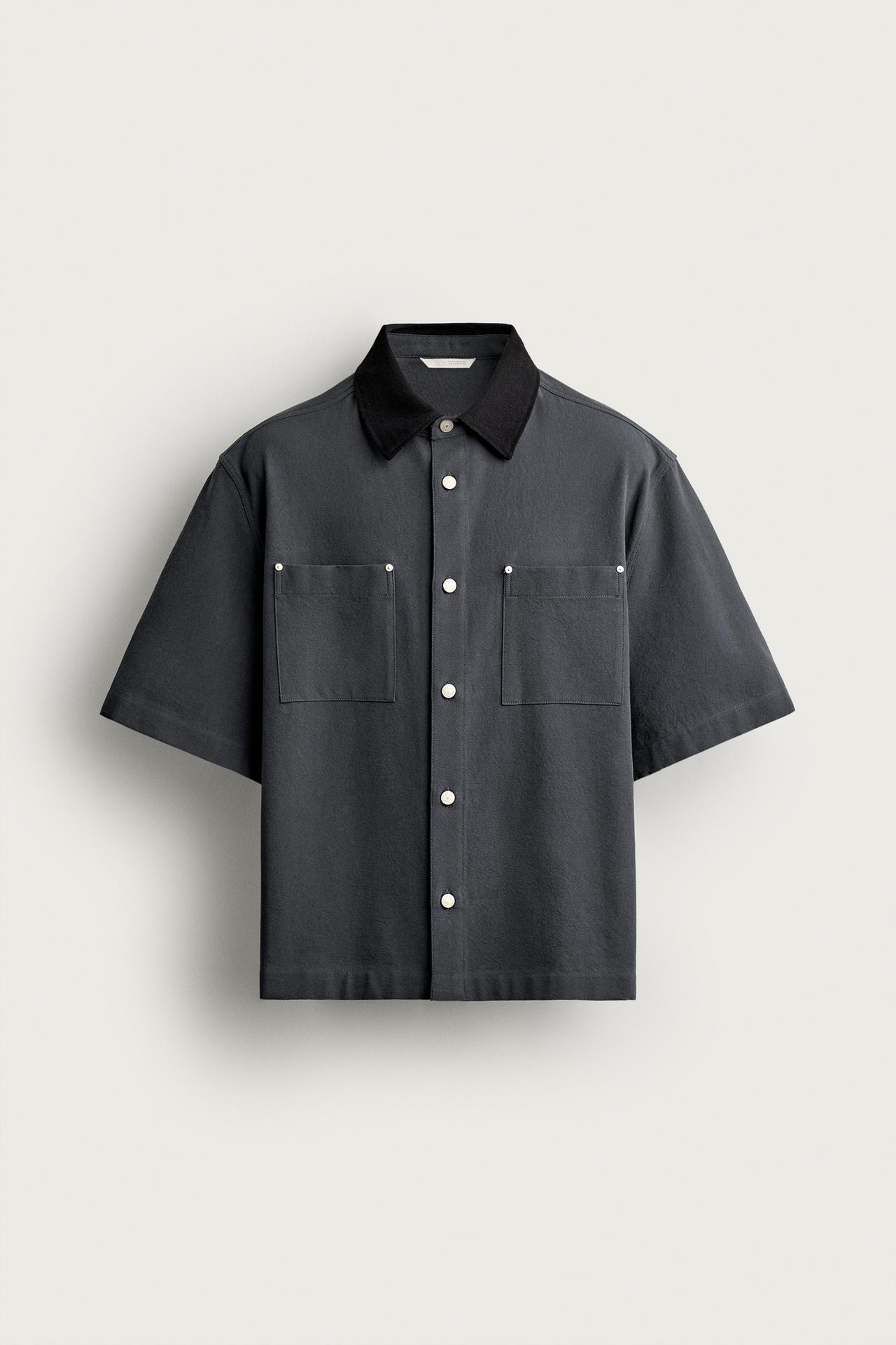 CONTRAST COLLAR POCKET SHIRT — Anthracite grey