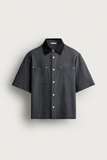 CONTRAST COLLAR POCKET SHIRT — Anthracite grey 1