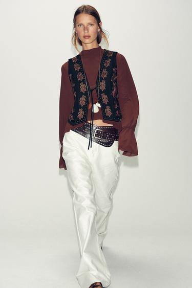 Zara EMBROIDERED BEADED FAUX SUEDE VEST - Black - Image 0