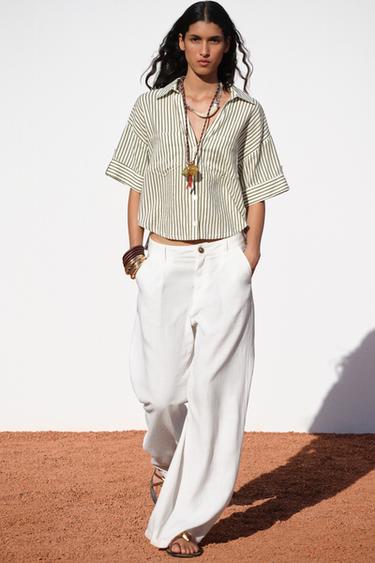 CROPPED LINEN BLEND SHIRT - ecru/khaki by Zara