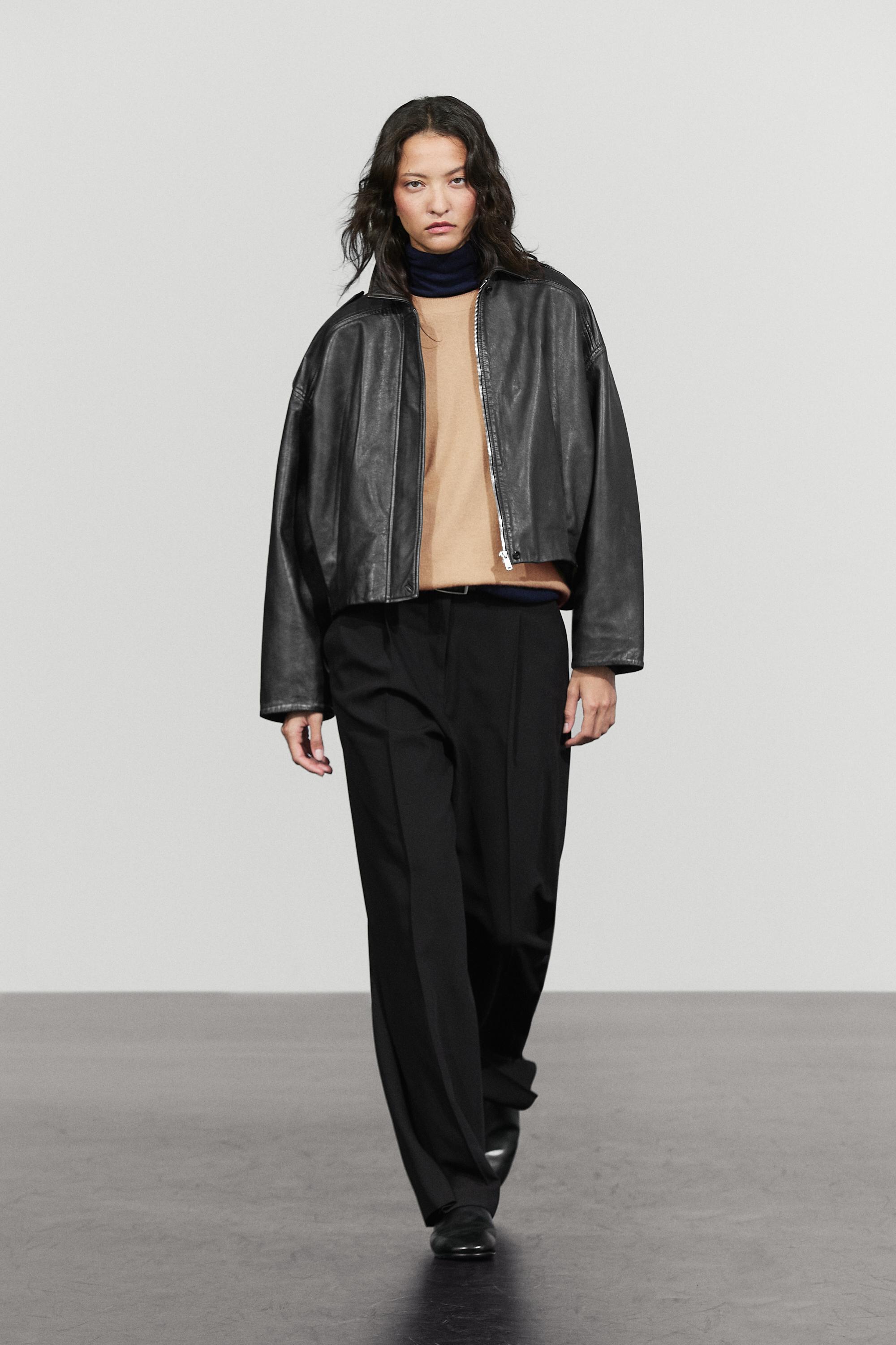 Nappa leather bomber jacket with lapel collar