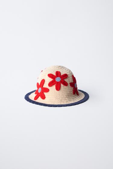 Zara 1-6 YEARS/ CROCHET KNIT FLOWER HAT - Ecru / Red