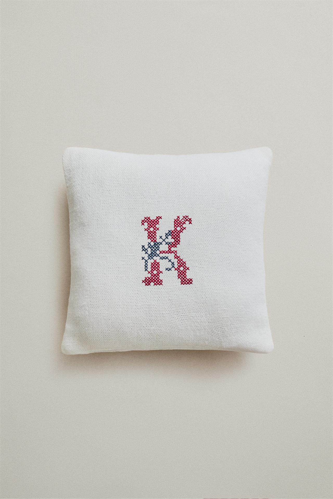 LETTER K EMBROIDERED LINEN CUSHION — Ecru