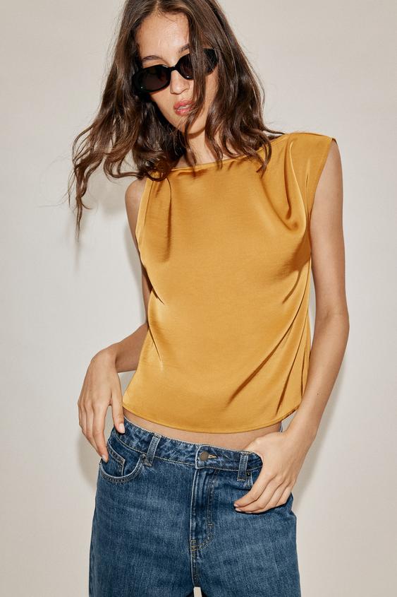 CAMISA SATINADA NUDO HOMBRO - Mostaza de Zara - Imagen 0