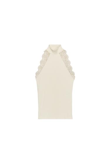 Zara LACE RIB TOP - Ecru