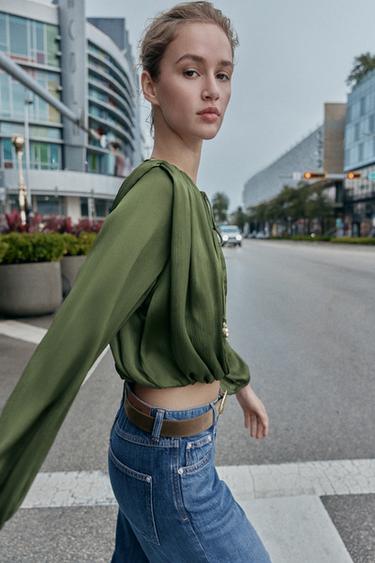 Zara SATIN EFFECT BALLOON BLOUSE - Dark olive