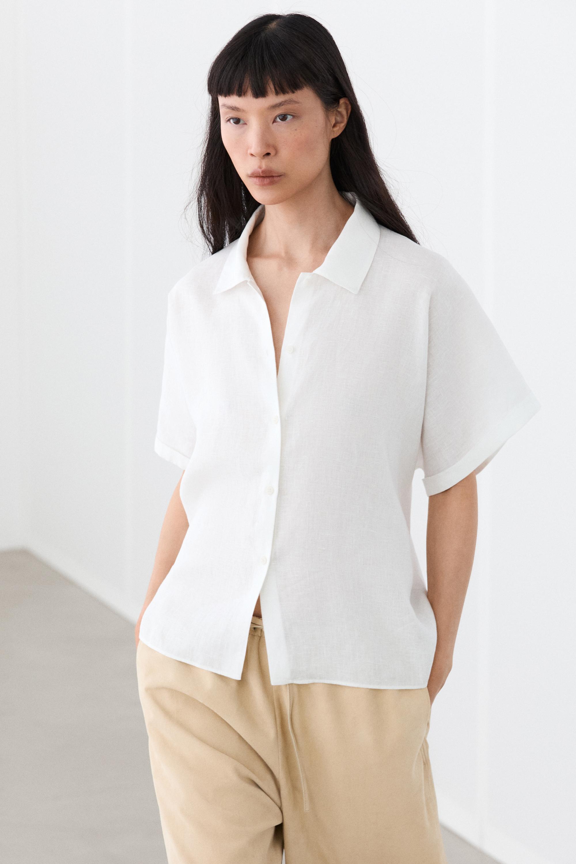 100% linen short sleeve shirt — White