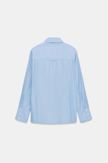 CHEMISE À RAYURES EN POPELINE AVEC ÉPAULETTES - Bleu / Blanc de Zara - Image 7