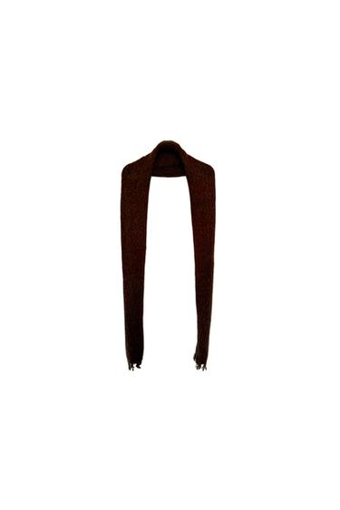 Long, dark brown scarf with a woven texture and fringed ends, on a white background.