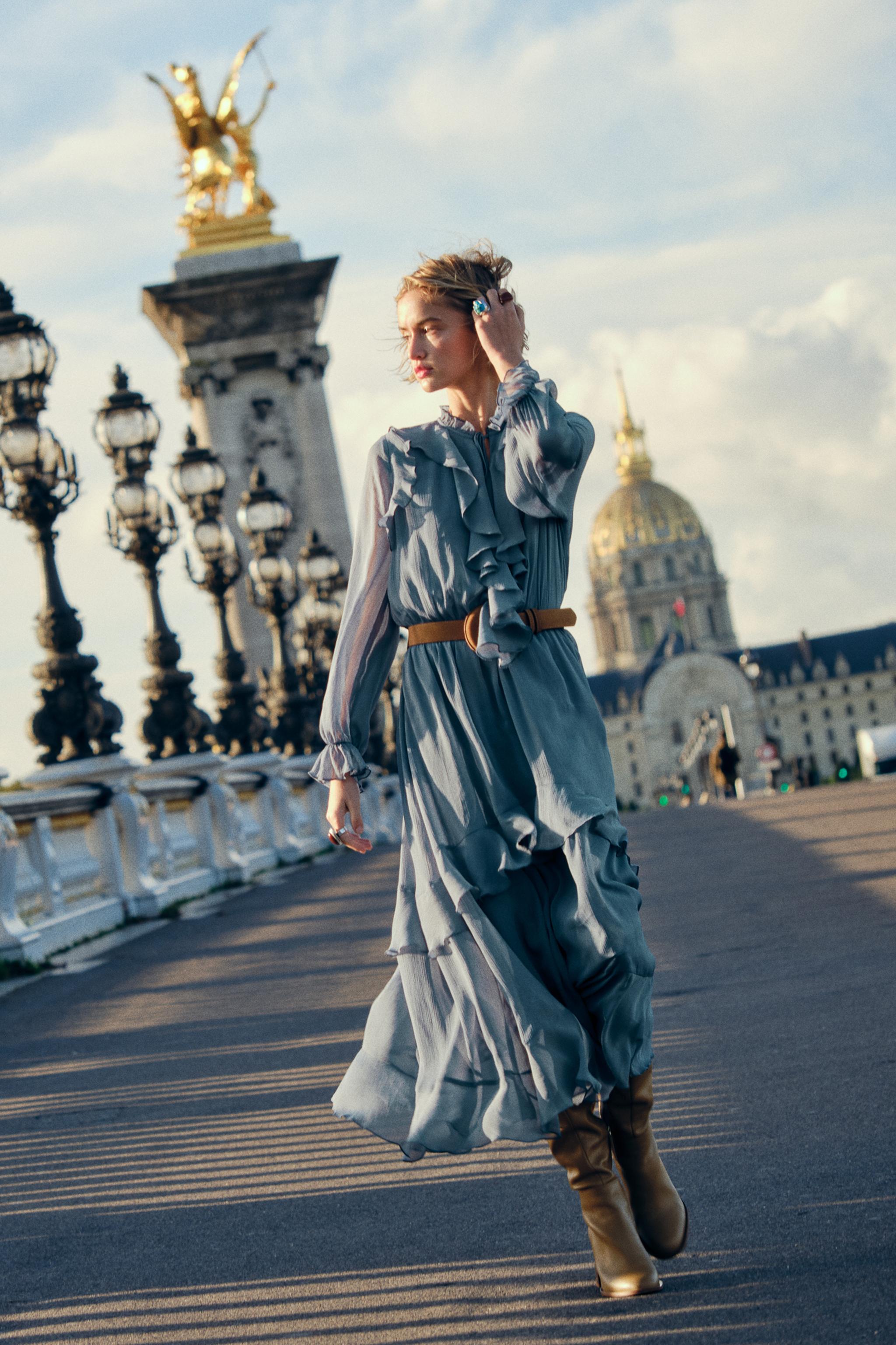 LONG BELTED RUFFLED DRESS Blue Gray ZARA Canada